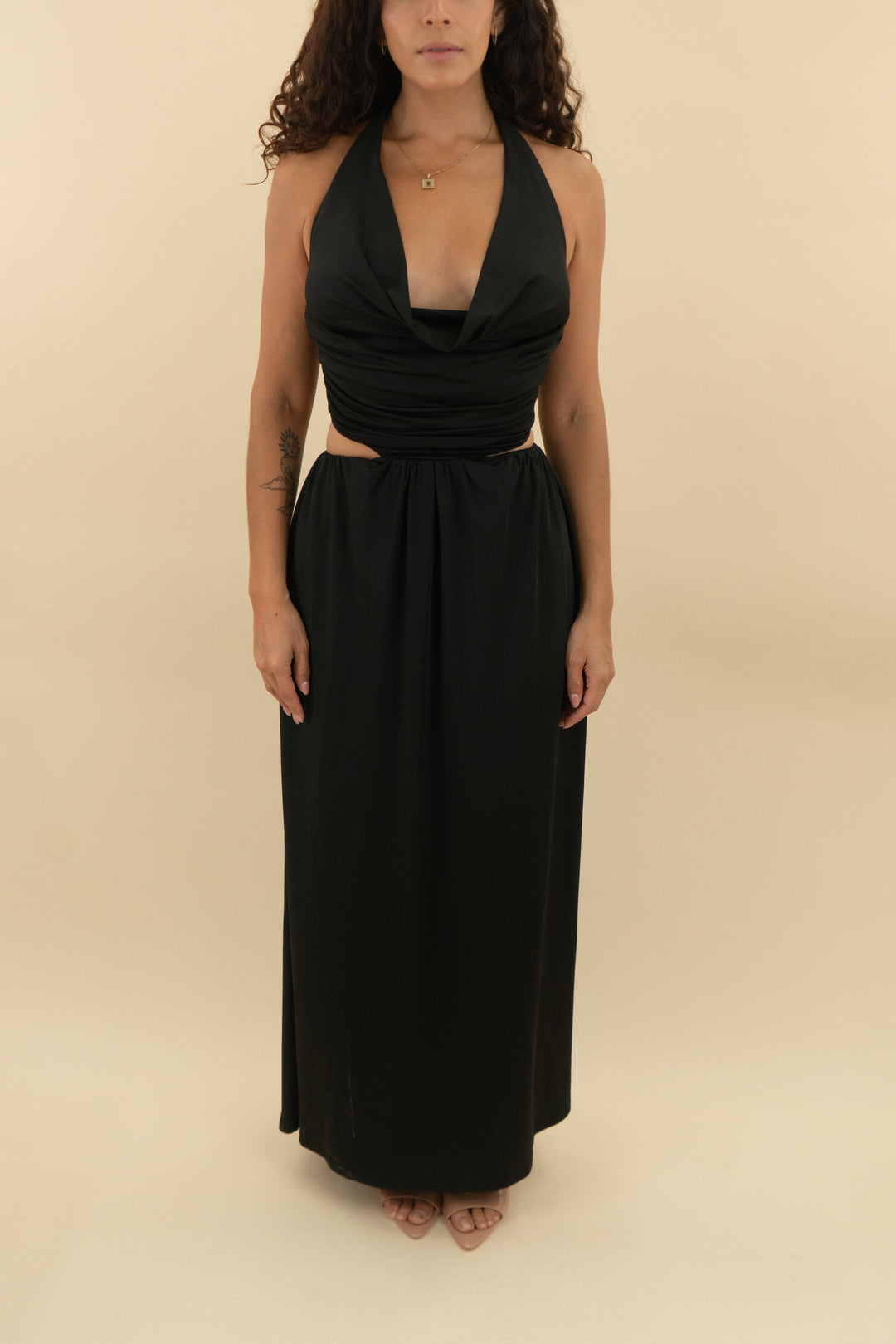 thatssofetch black halter cut out maxi dress (2; retail $90)