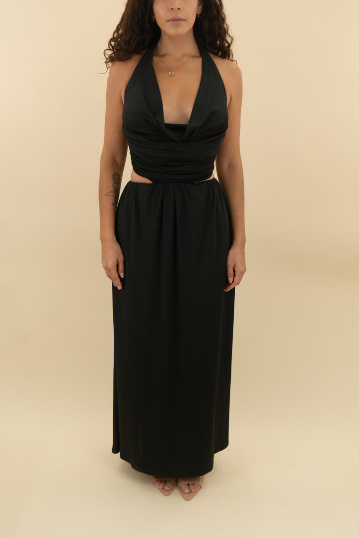 thatssofetch black halter cut out maxi dress (2; retail $90)