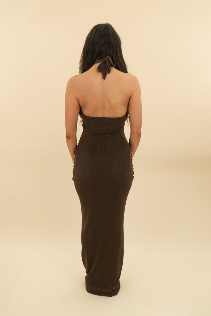 outcast brown metallic halter maxi dress (s; retail $179)