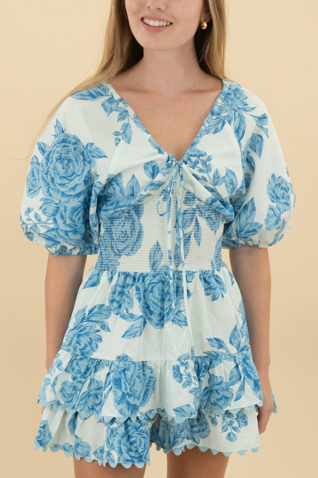 olivaceous blue floral puff sleeve romper nwt (s; retail $68)