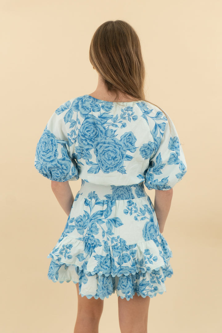 olivaceous blue floral puff sleeve romper nwt (s; retail $68)