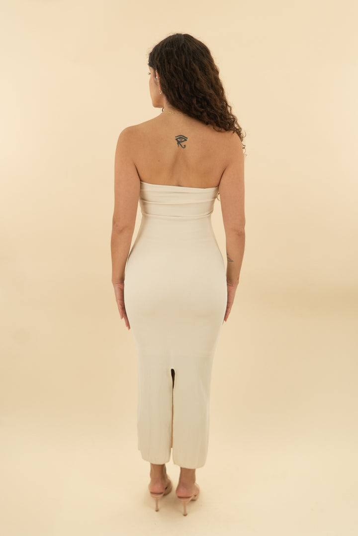 prettygarden cream ribbed strapless maxi dress (s; retail $69)