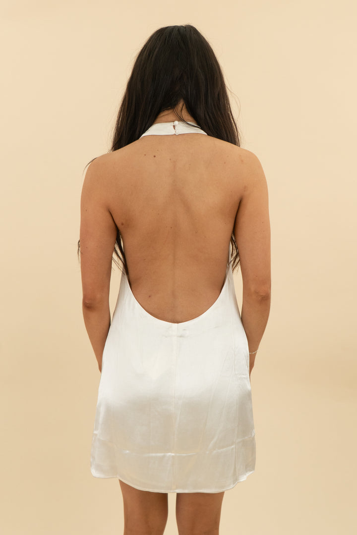 rumored ivory satin halter mini dress (2; retail $168)