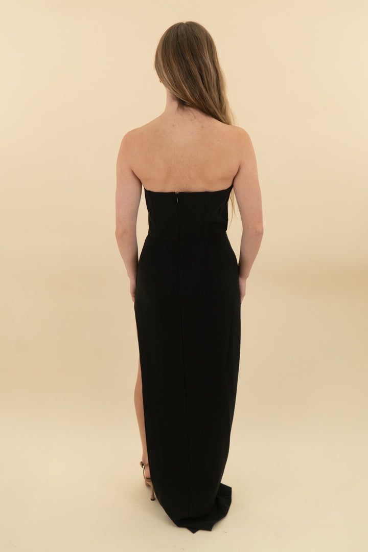 nbd black high slit maxi dress nwt (xs; retail $298)