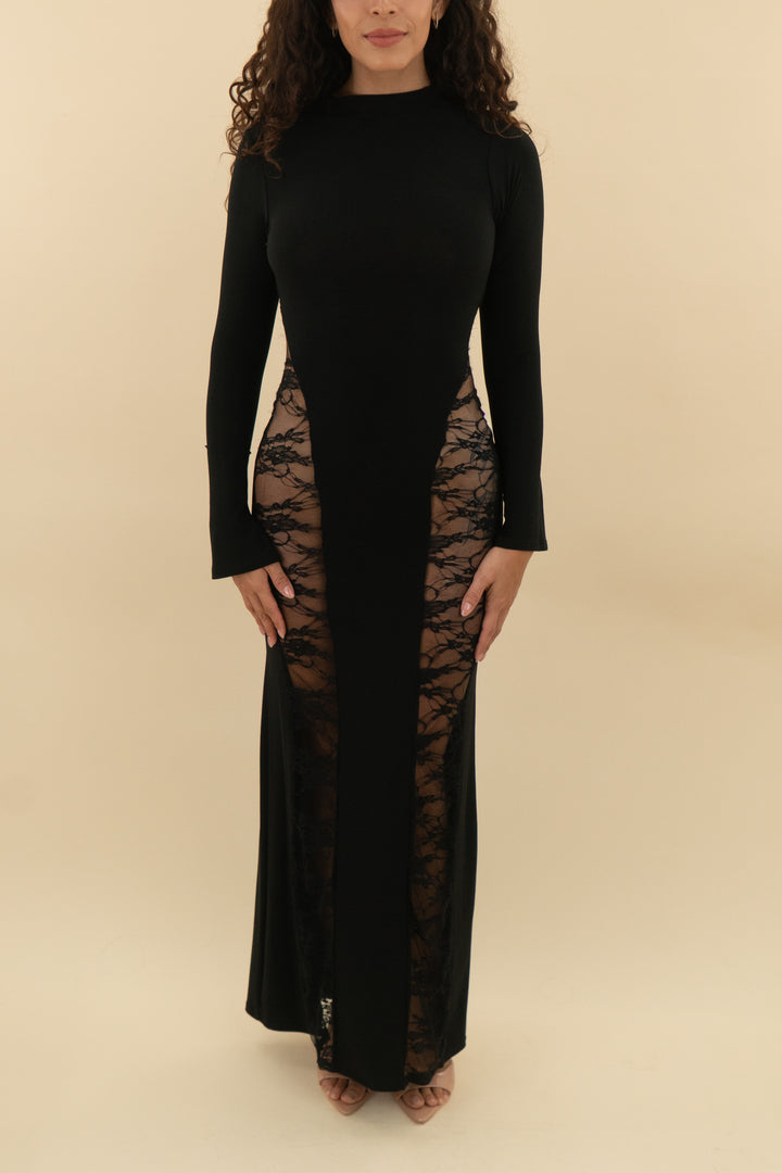 asos design black long sleeve side lace maxi dress (xs; retail $175)