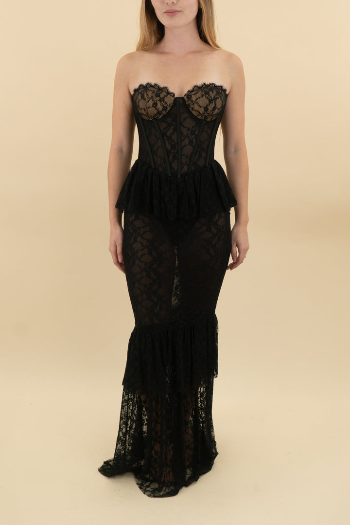 miss circle black strapless corset lace maxi dress nwt (xs; retail $299)