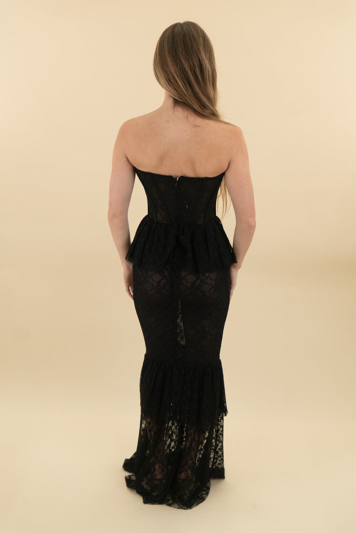 miss circle black strapless corset lace maxi dress nwt (xs; retail $299)