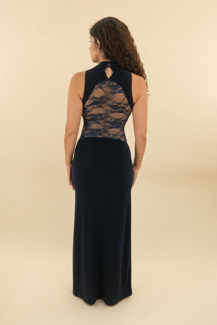 asos design midnight blue high neck lace maxi dress (xs; retail $175)