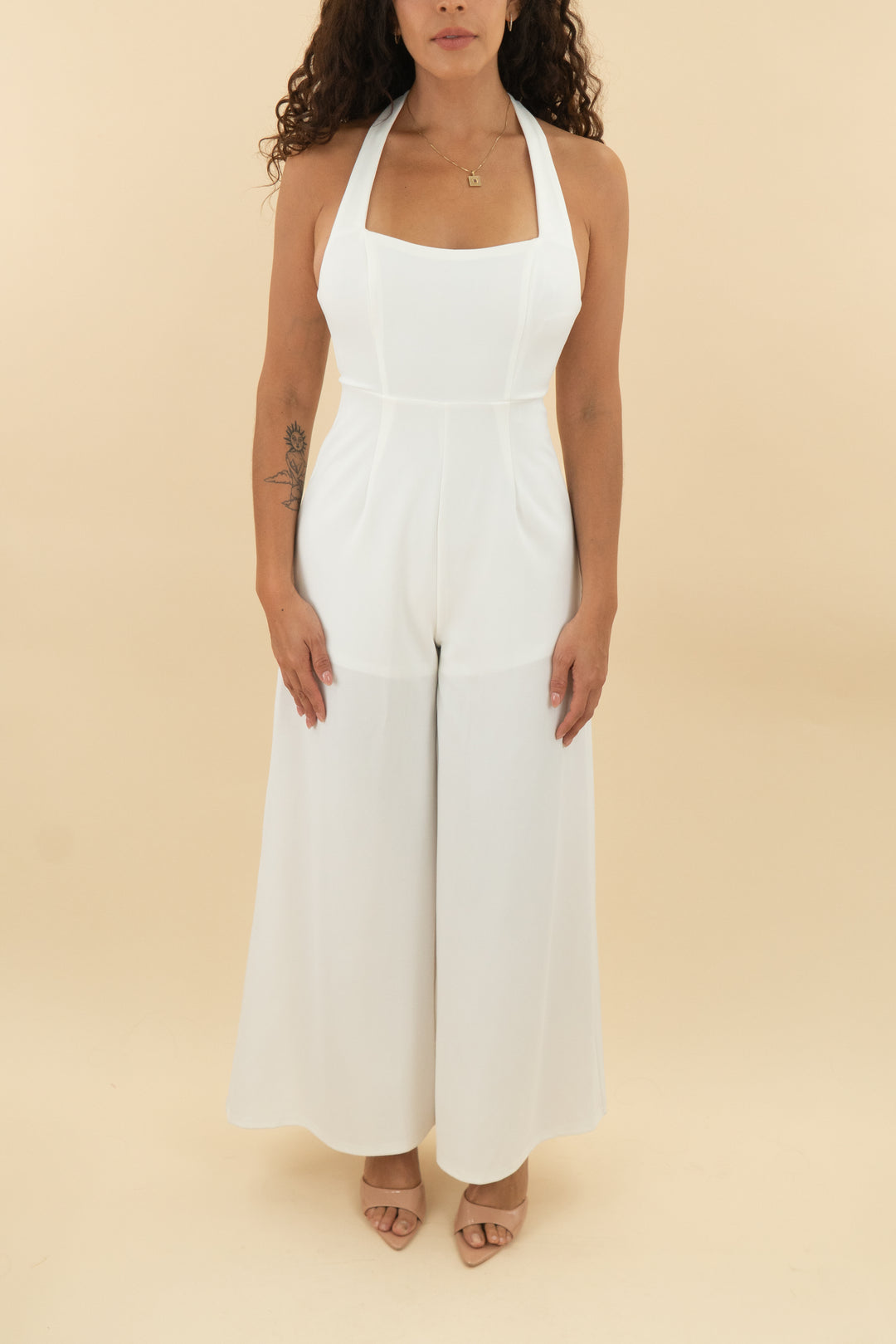 selfie leslie white halter jumpsuits nwt (xs; retail $90)