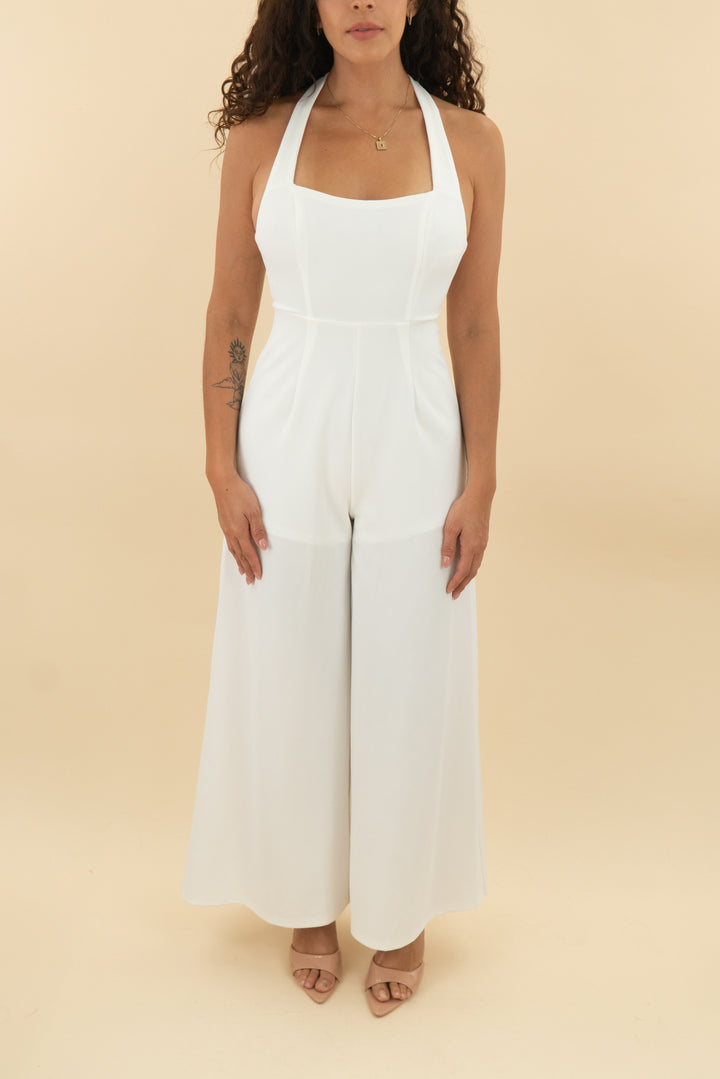 selfie leslie white halter jumpsuits nwt (xs; retail $90)