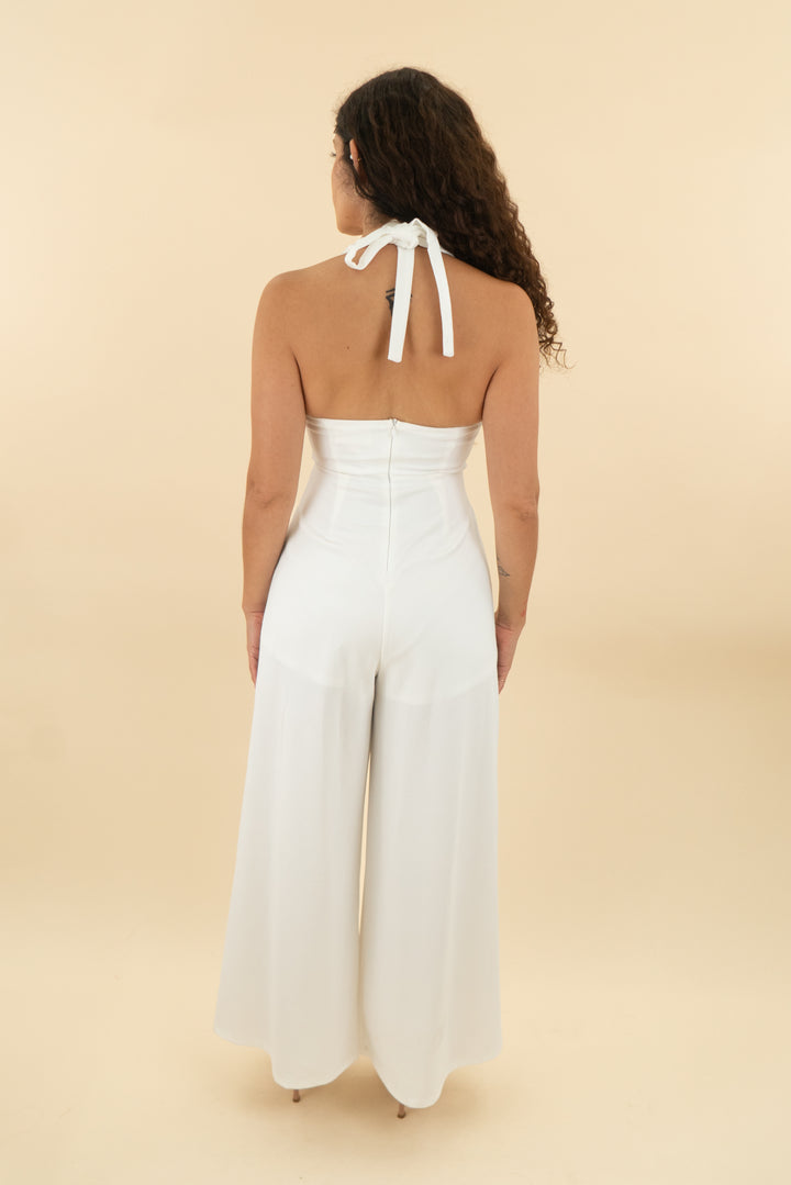 selfie leslie white halter jumpsuits nwt (xs; retail $90)