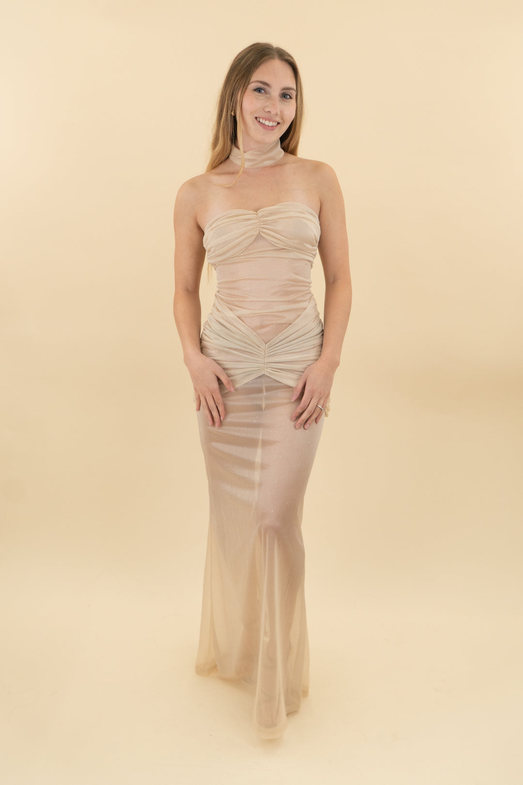 *AUCTION* champagne strapless sheer maxi dress (xs)