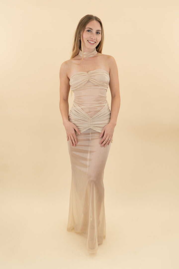 *AUCTION* champagne strapless sheer maxi dress (xs)