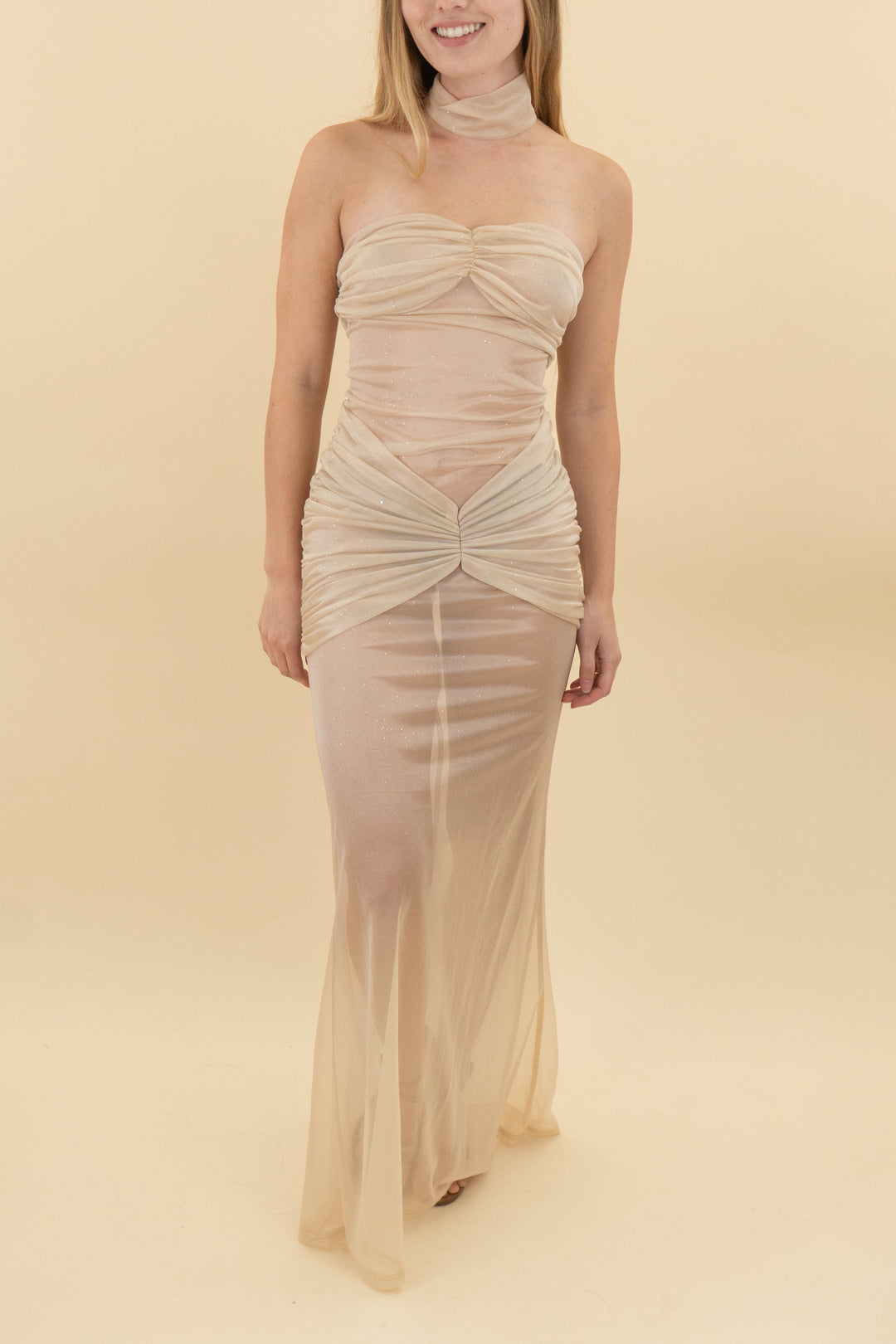 *AUCTION* champagne strapless sheer maxi dress (xs)