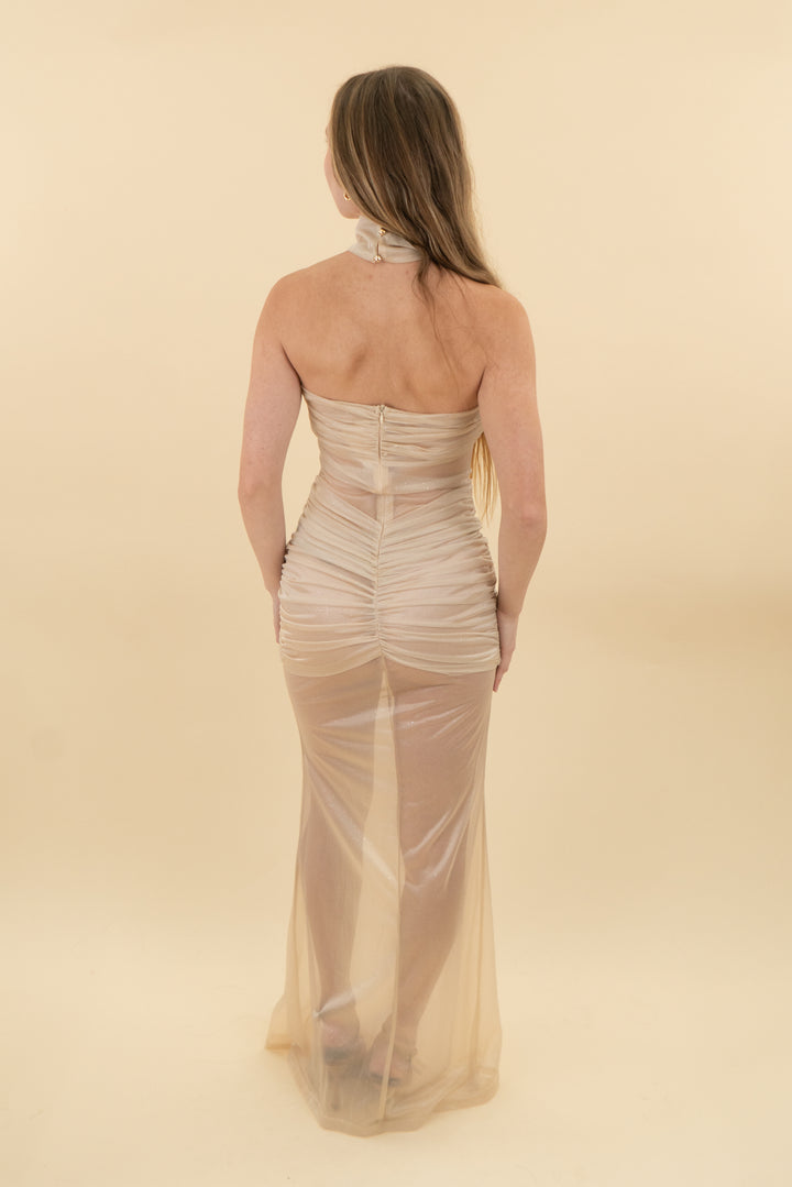*AUCTION* champagne strapless sheer maxi dress (xs)