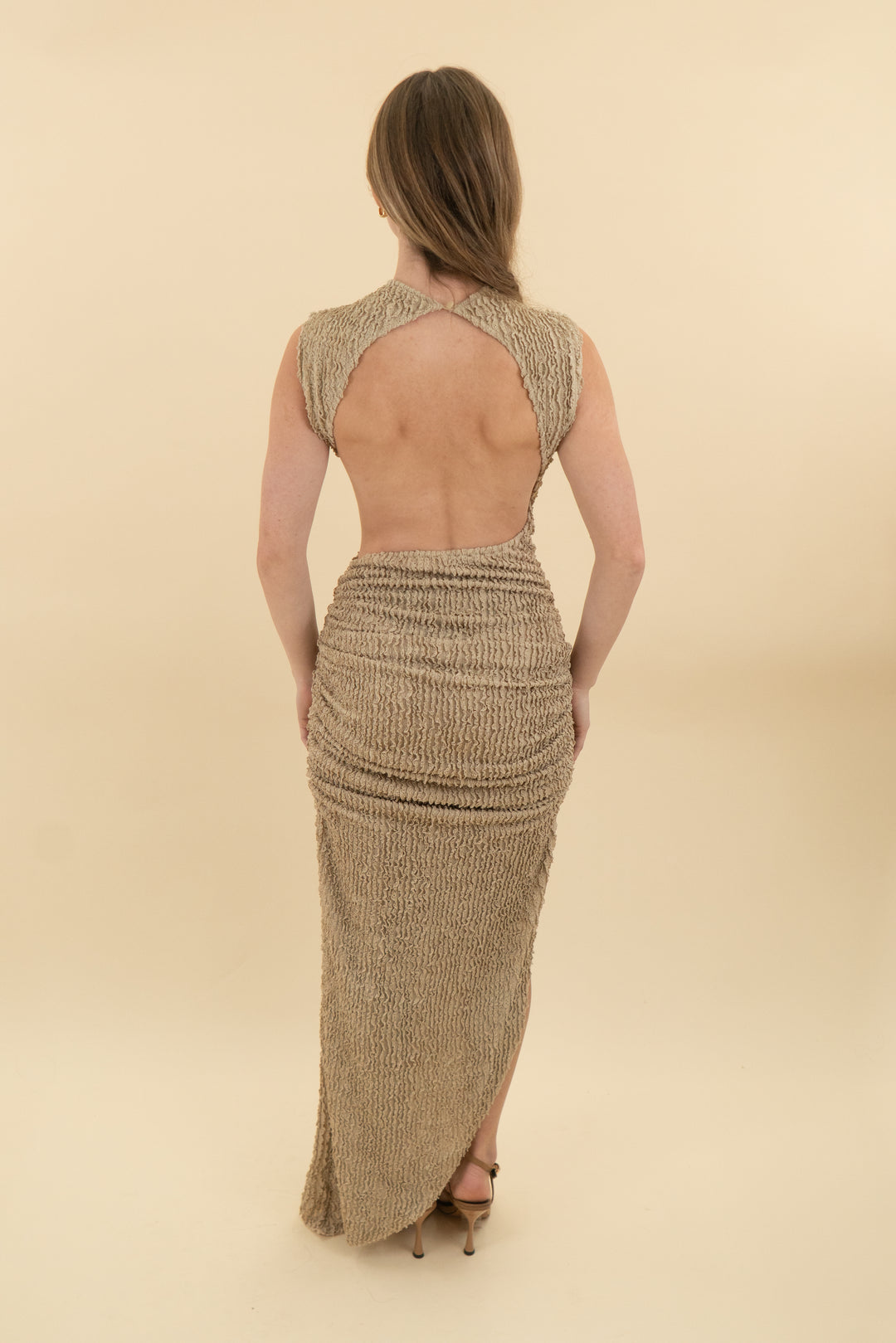 babyboo khaki aphrodite textured midi dress nwt (s; retail $143)
