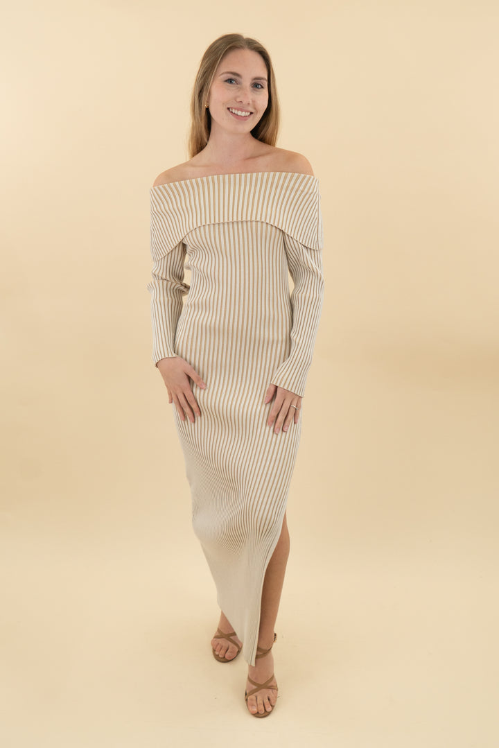 by anthropologie tan ribbed knit off shoulder midi dress (xs; retail 190)