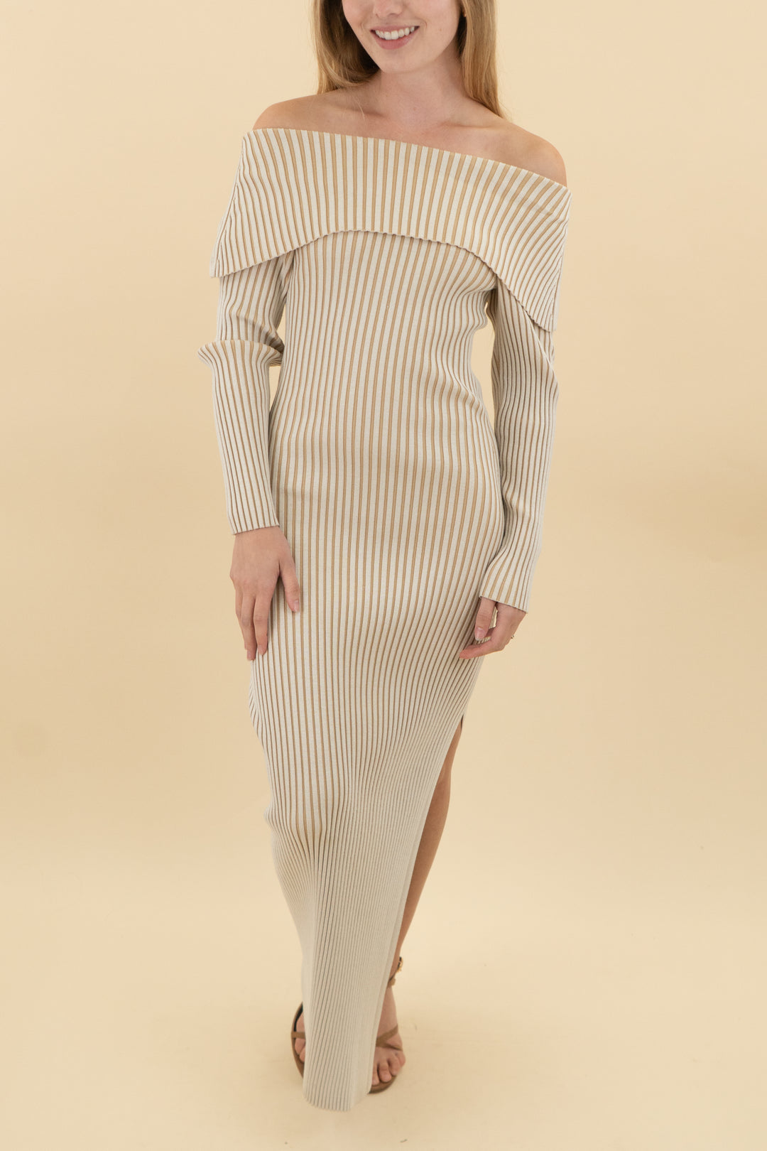 by anthropologie tan ribbed knit off shoulder midi dress (xs; retail 190)