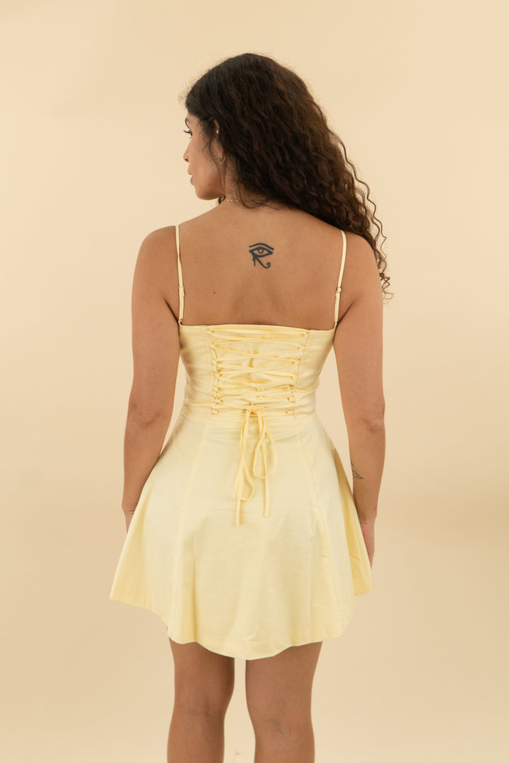 babyboo yellow corset mini dress (m; retail $119)