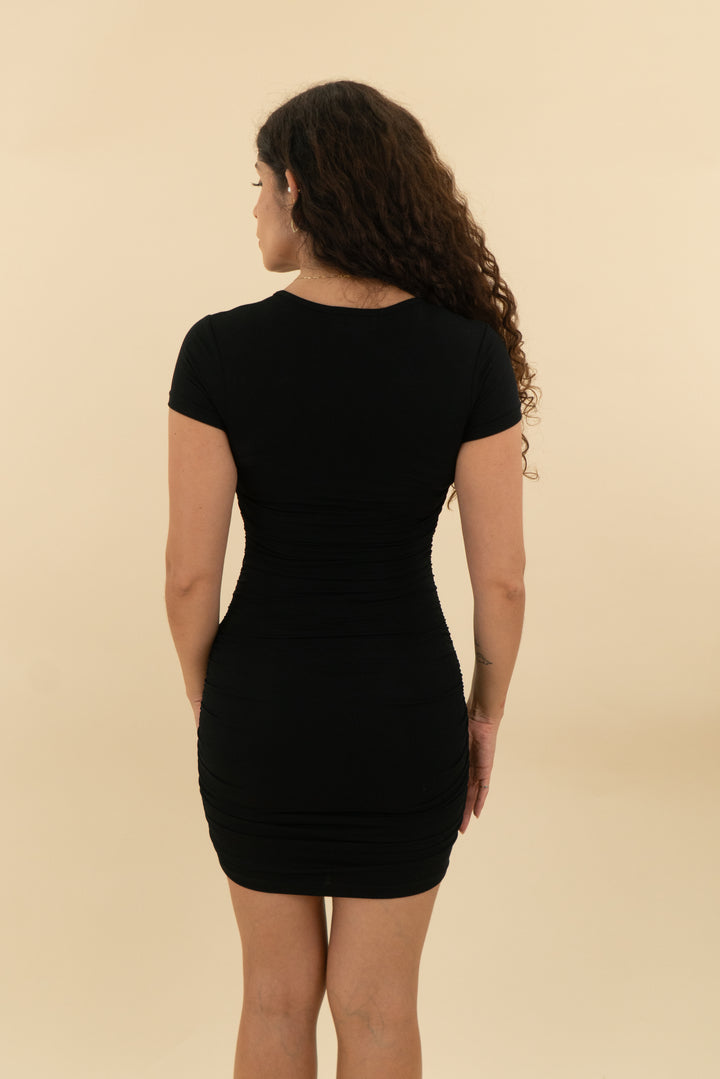 outcast black side ruched mini dress (s; retail $78)