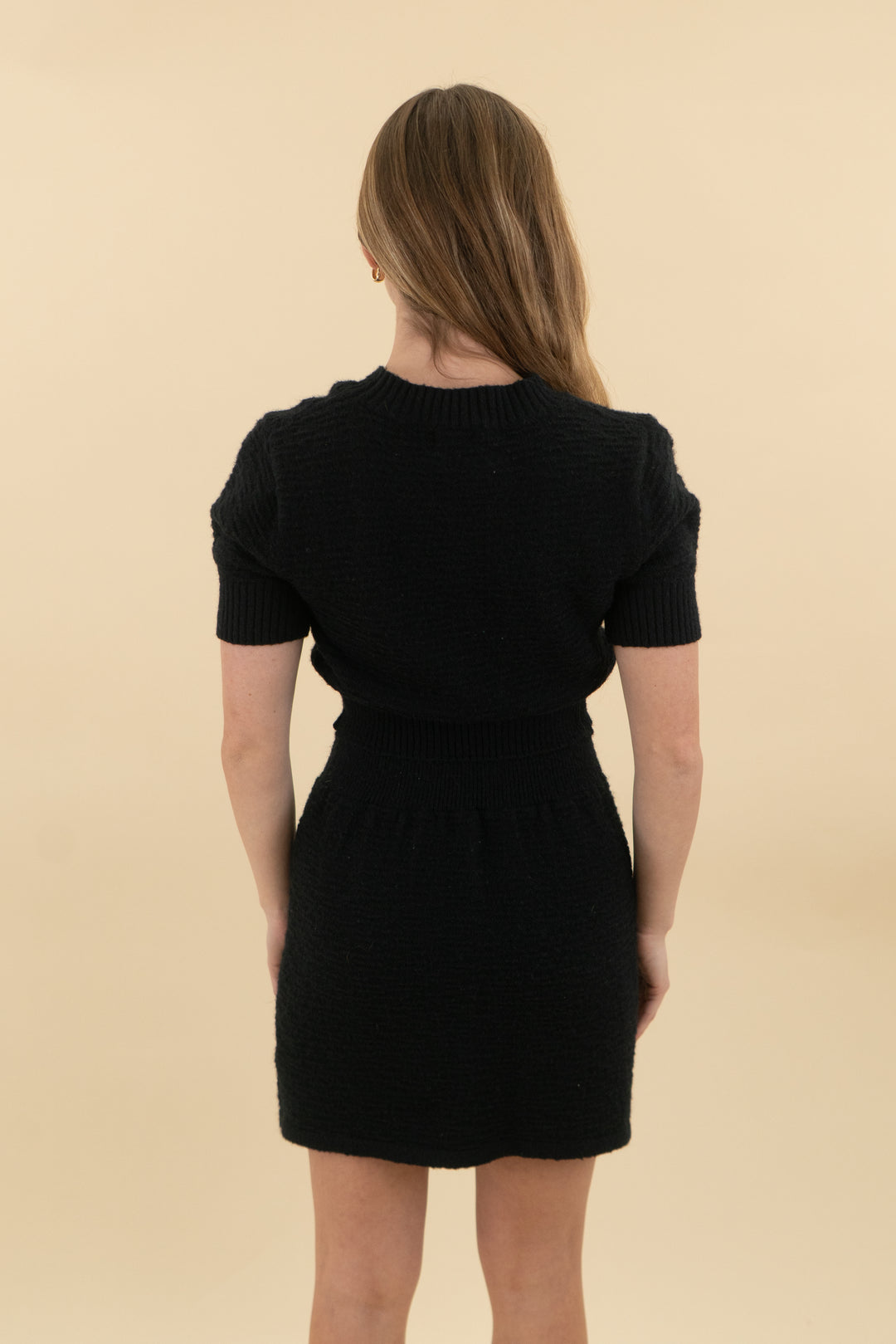 debut black textured cut out mini dress (s/m; retail $58)