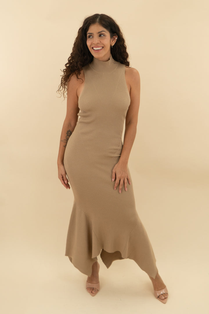 anthropologie tan ribbed knit high neck maxi dress (s; retail $180)