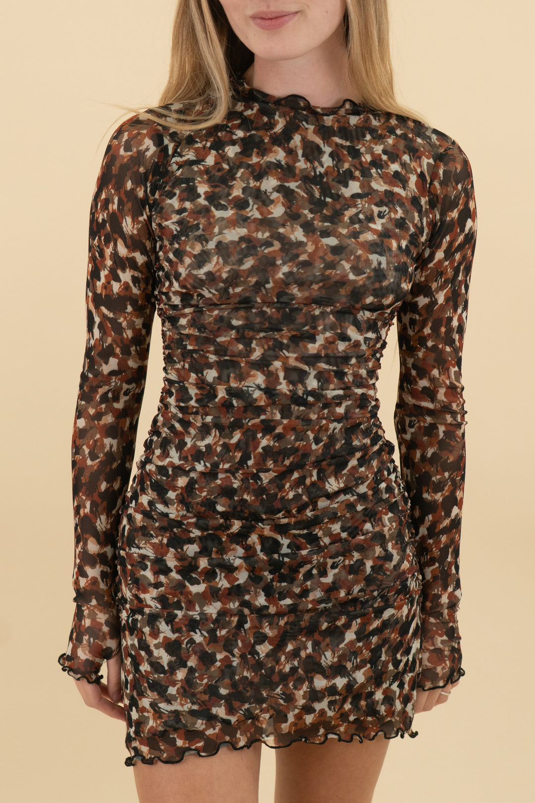 resa brown/black mesh abstract print mini dress (xs; retail $138)