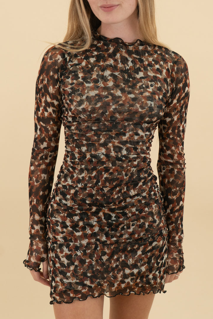 resa brown/black mesh abstract print mini dress (xs; retail $138)