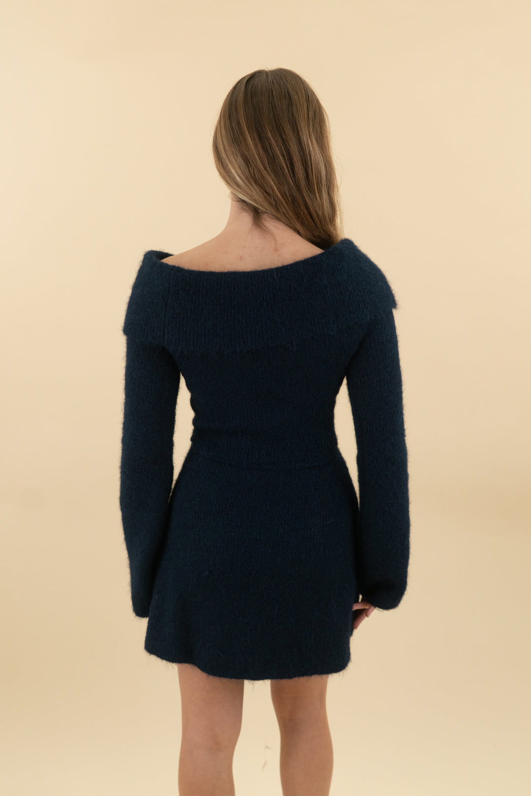 meshki midnight blue wool blend off shoulder sweater & skirt (xs/s; retail $150)