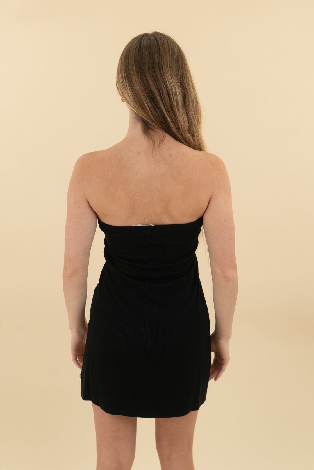 joah brown black ribbed strapless mini dress (s/m; retail $158)