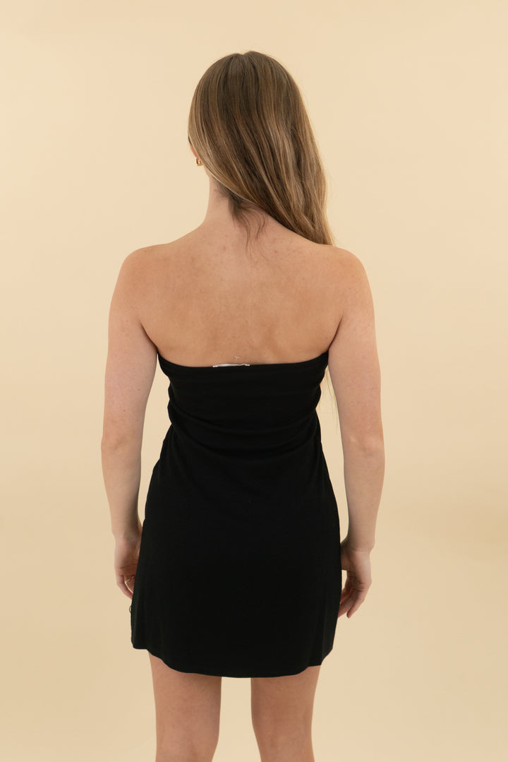 joah brown black ribbed strapless mini dress (s/m; retail $158)