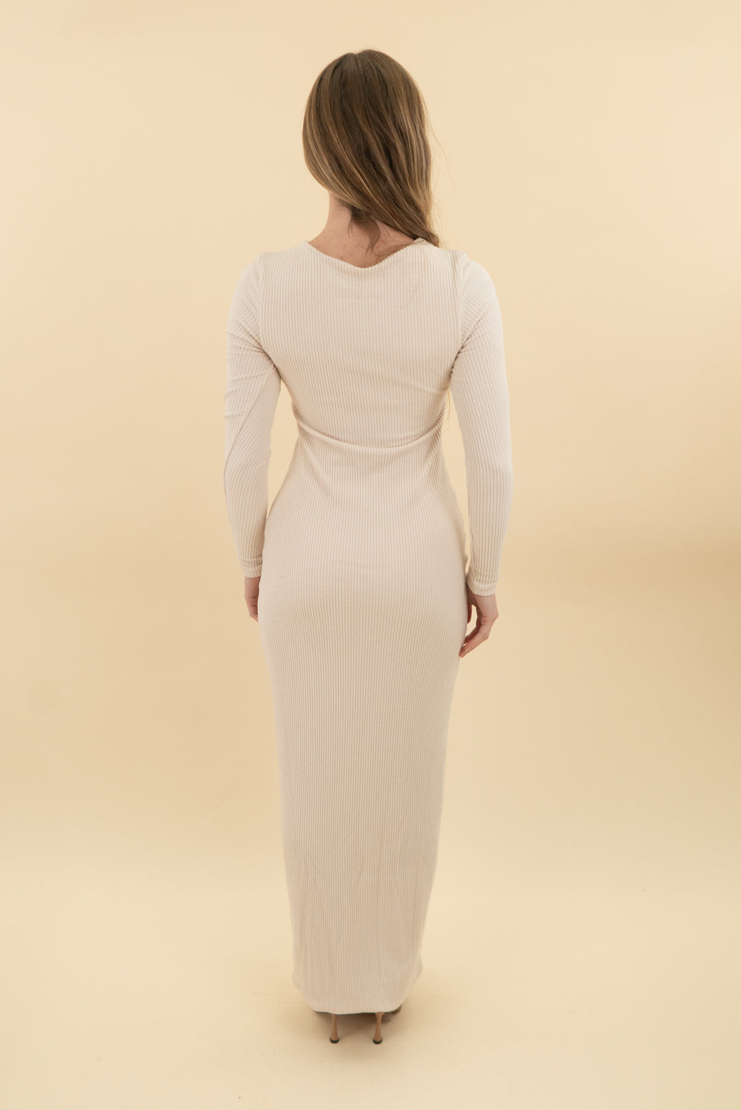 klassy network beige ribbed long sleeve dress (s; retail $74)
