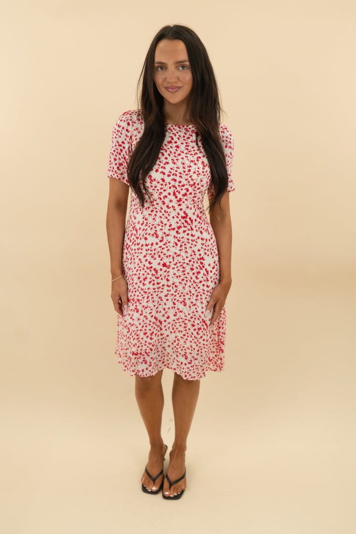 vici off-white red floral short sleeve midi dress (s: retail $74)