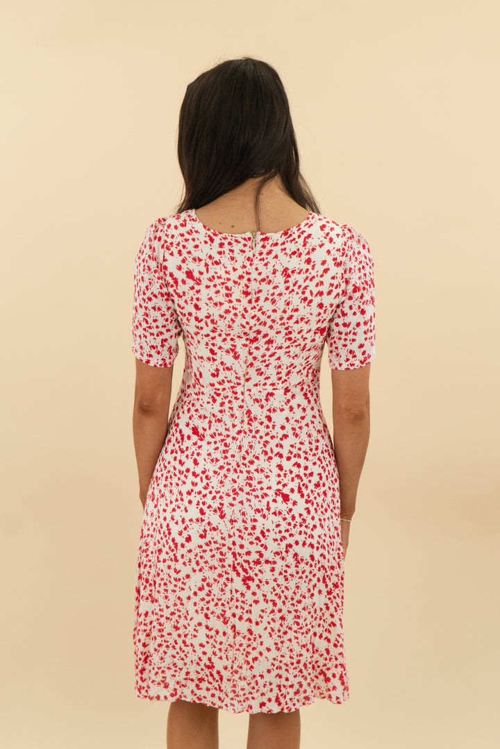 vici off-white red floral short sleeve midi dress (s: retail $74)