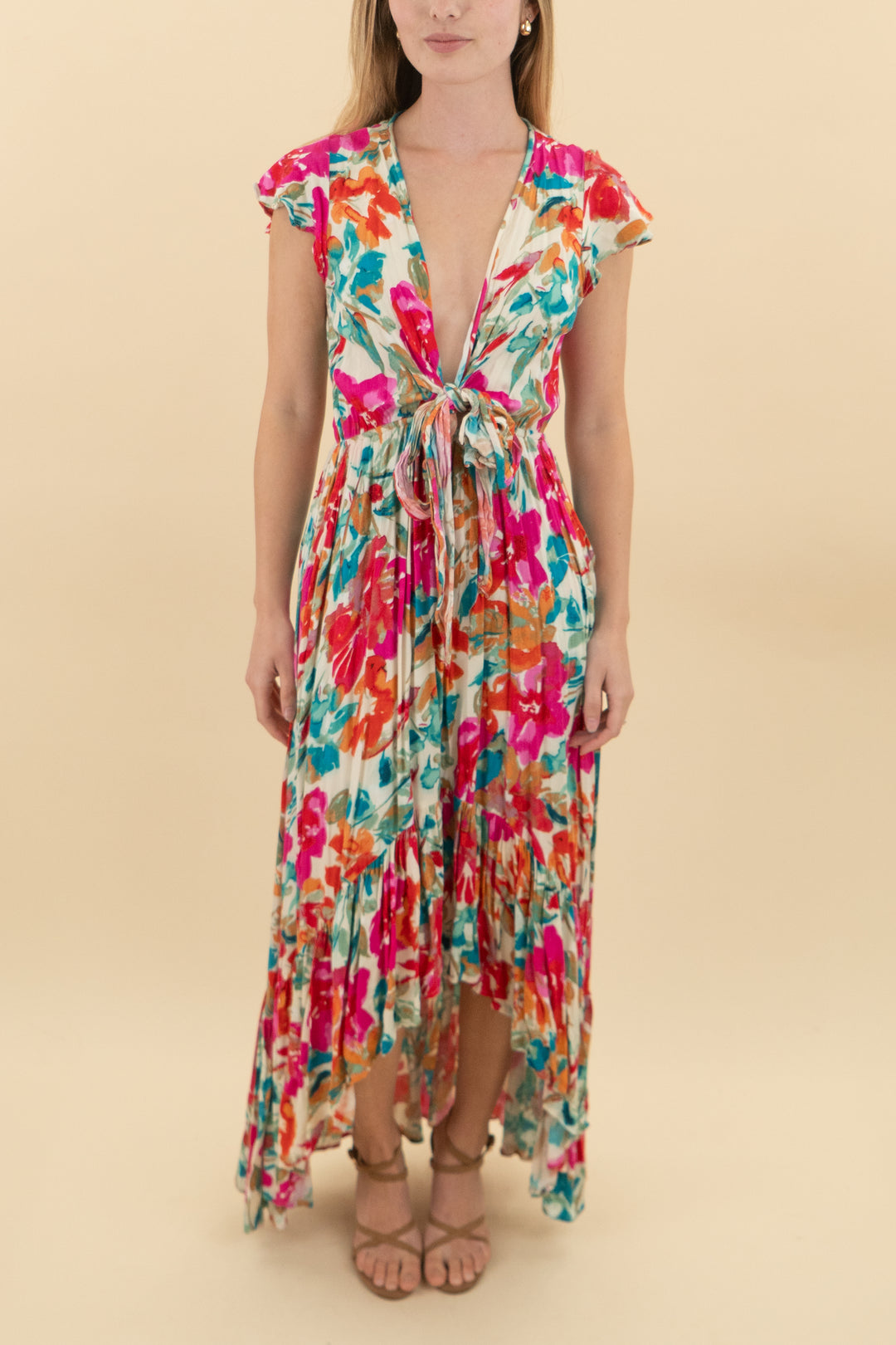 vici vibrant floral v-neck high low midi dress (s: retail $78)