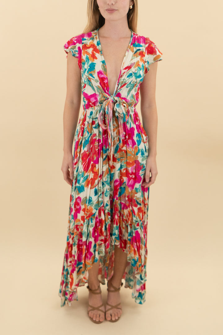 vici vibrant floral v-neck high low midi dress (s: retail $78)