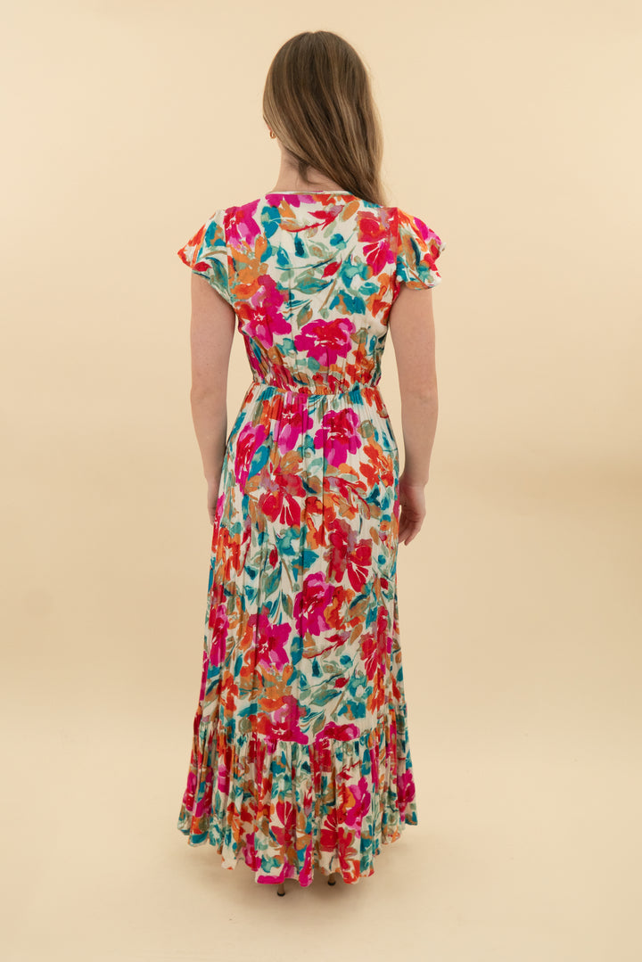 vici vibrant floral v-neck high low midi dress (s: retail $78)