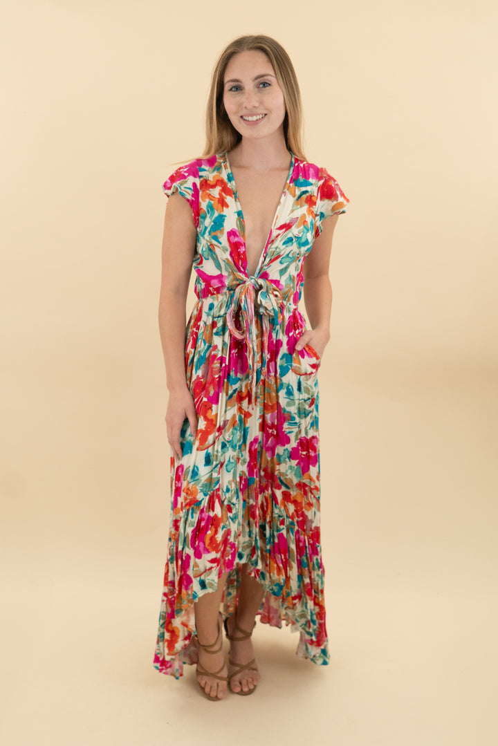 vici vibrant floral v-neck high low midi dress (s: retail $78)