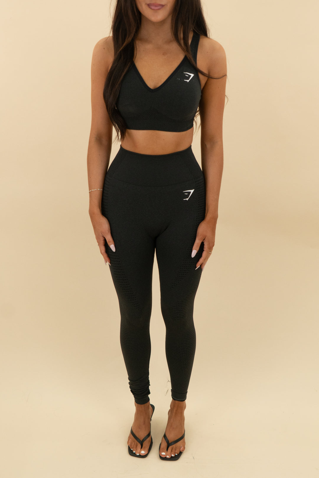 gymshark charcoal grey sports bra and leggings set (xs; retail $95)