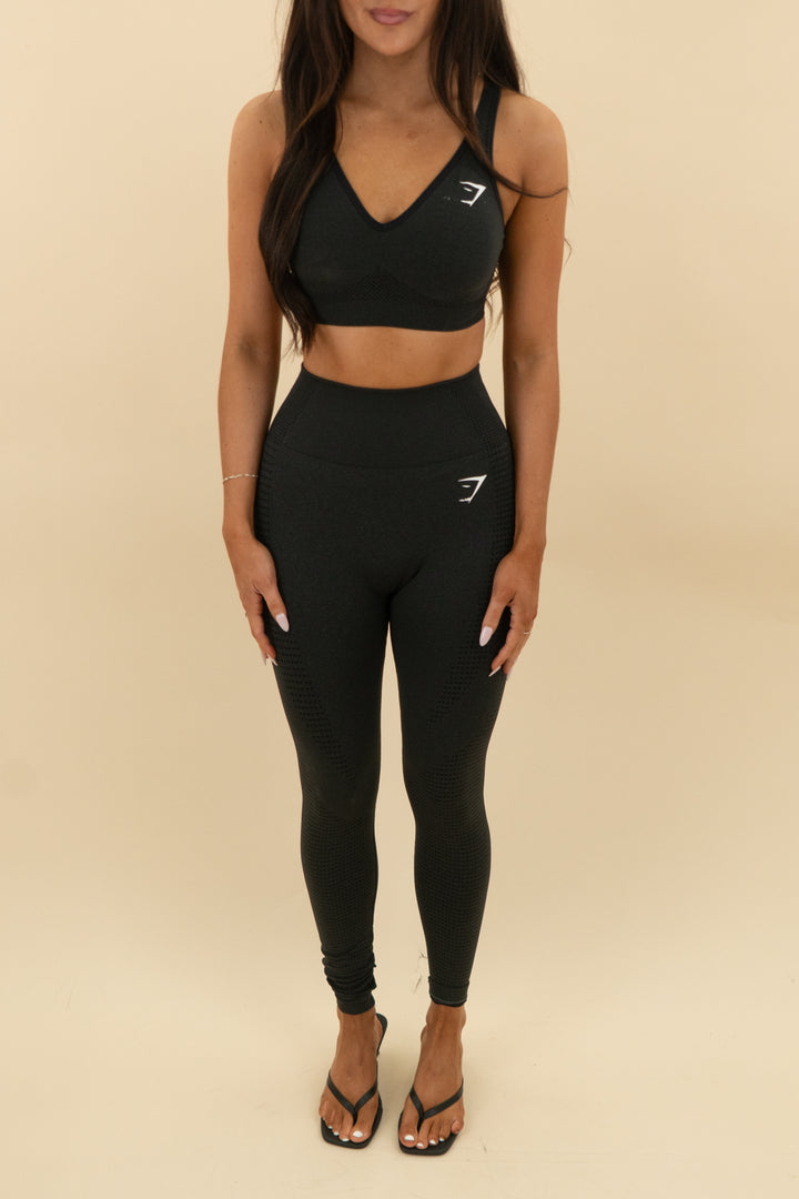 gymshark charcoal grey sports bra and leggings set (xs; retail $95)