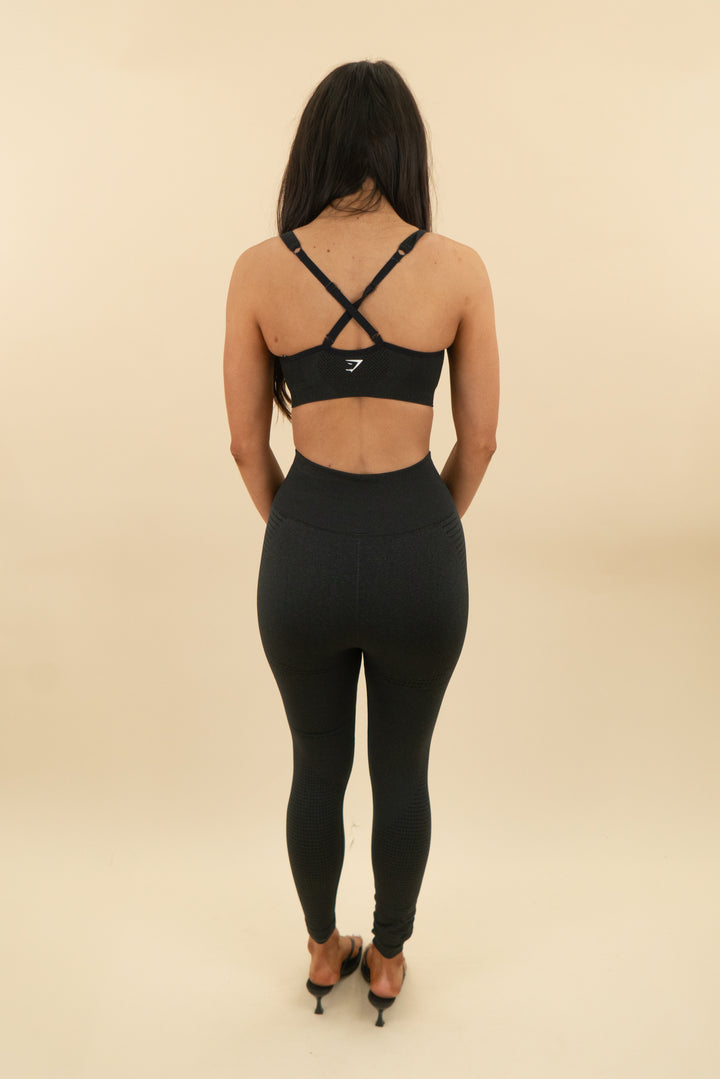 gymshark charcoal grey sports bra and leggings set (xs; retail $95)