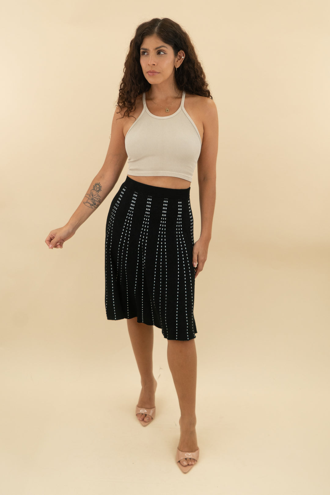 down east black white stitching long knit mini skirt (s: retail $56)
