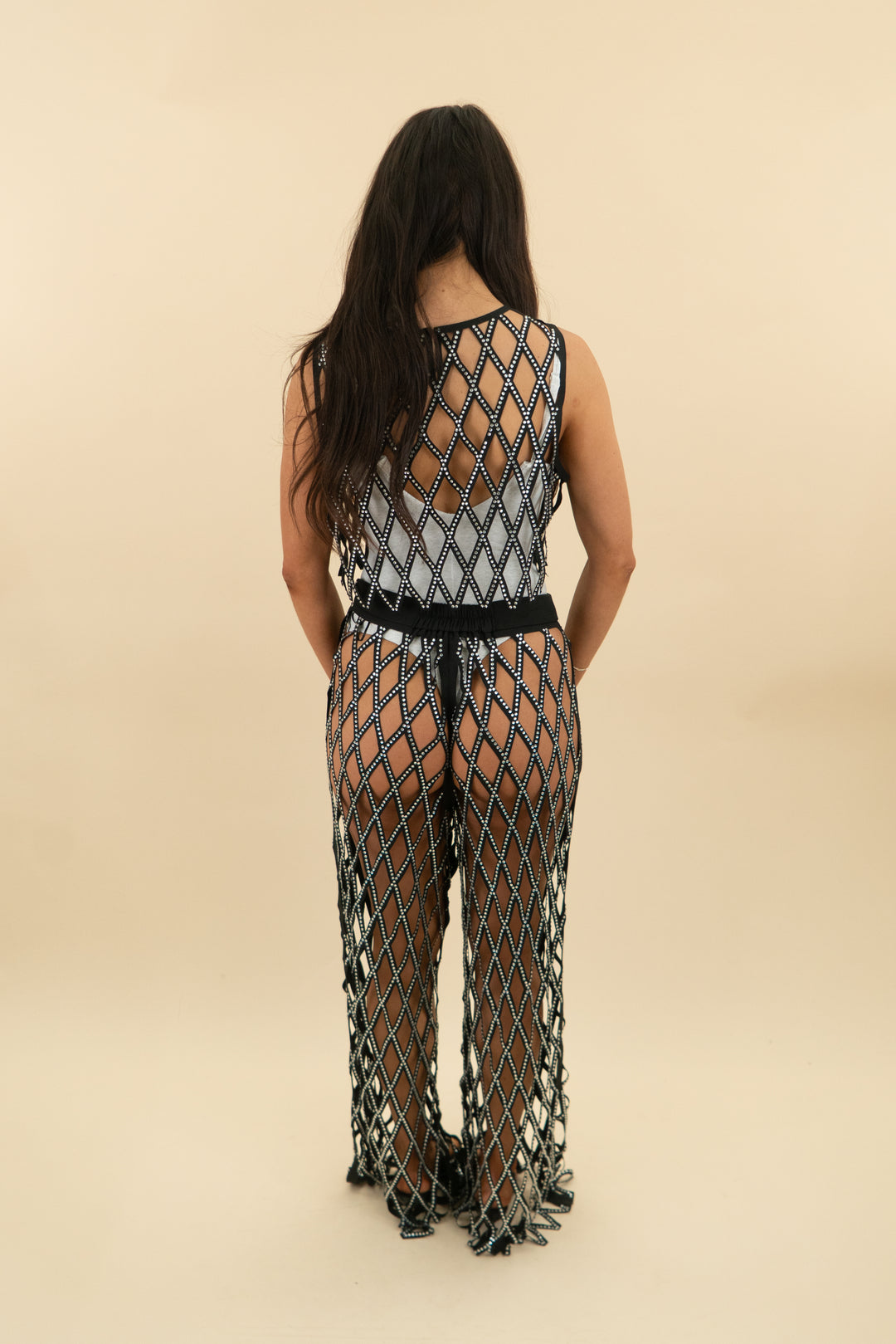 akira black rhinestone cut out top and pants set (s; retail $145)
