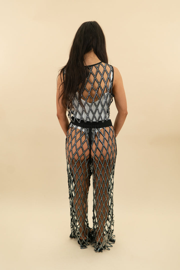 akira black rhinestone cut out top and pants set (s; retail $145)