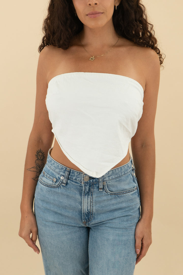 zara white strapless triangle denim top (s;  retail $49)
