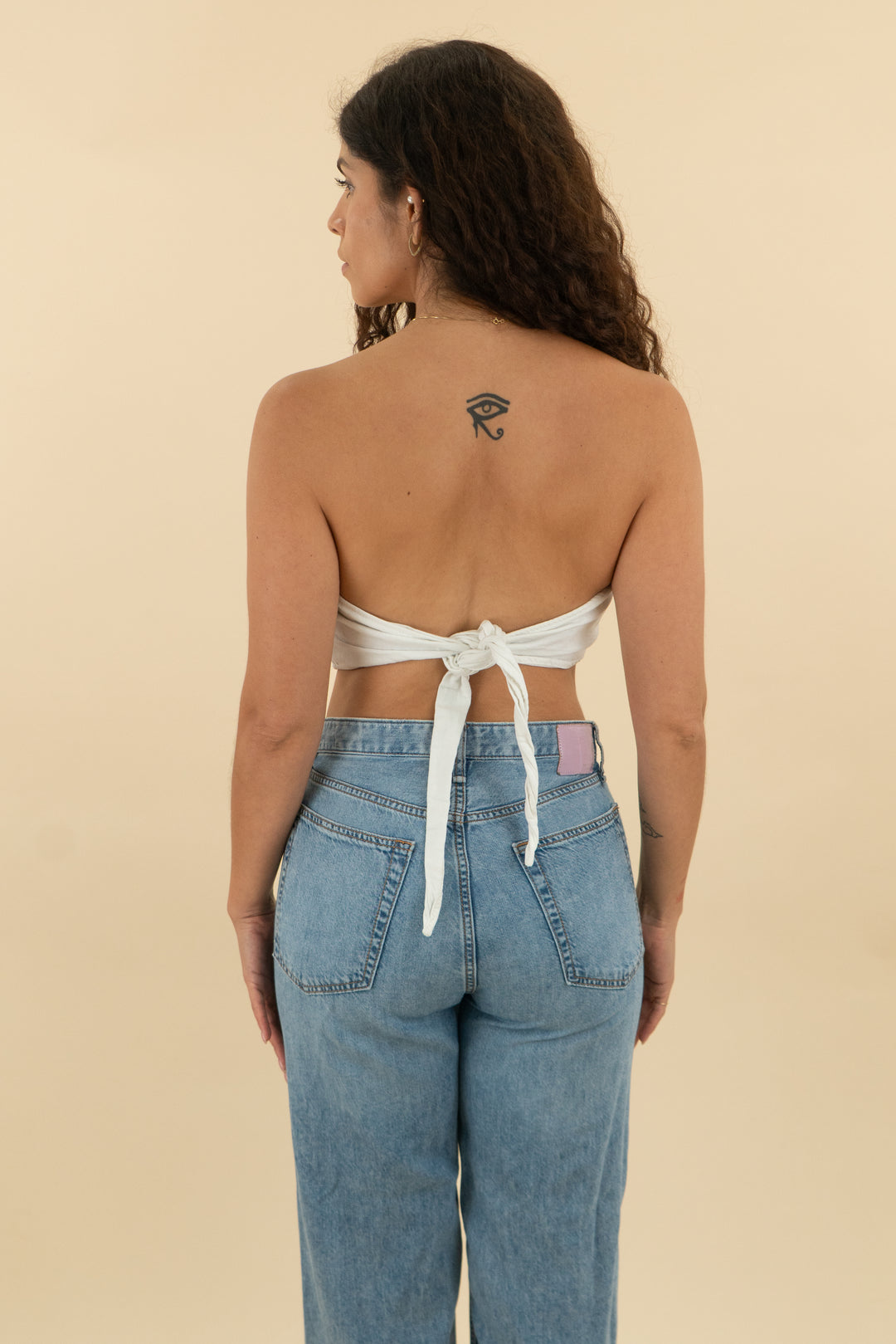 zara white strapless triangle denim top (s;  retail $49)