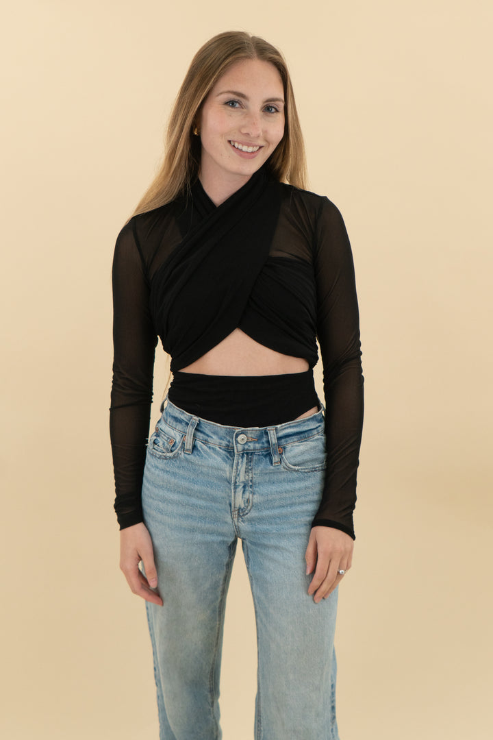 bardot black aliyah wrap mesh bodysuit nwt (2; retail $109)