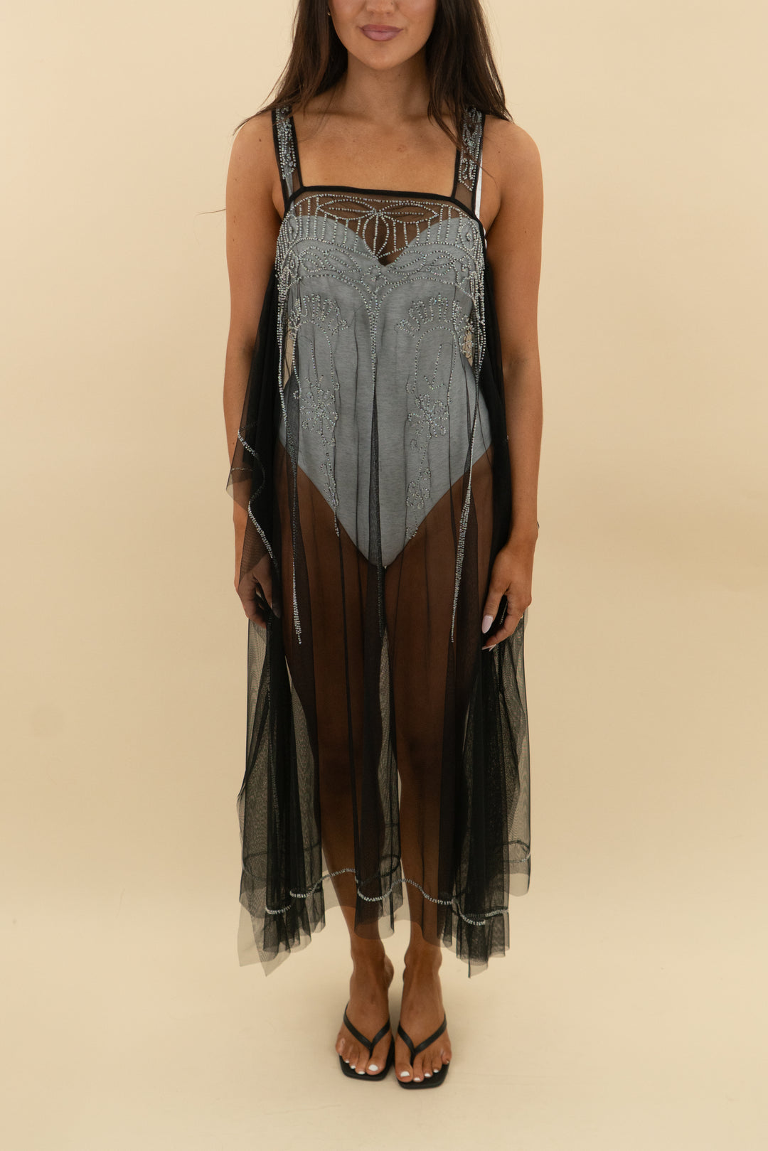 nü denmark black mesh beaded dress (xs; retail $215)
