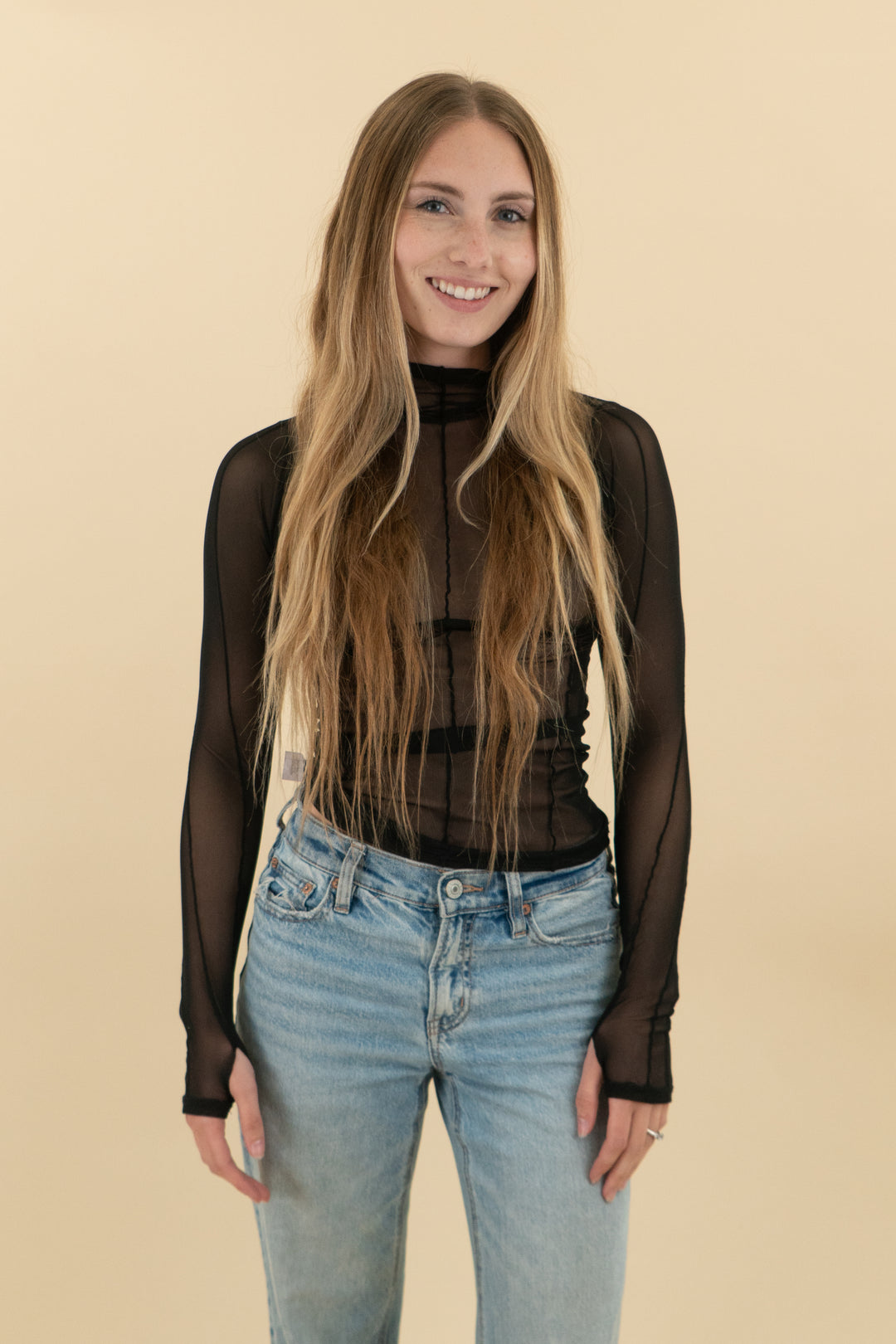 *AUCTION* joah brown black mesh long sleeve top (xs/s)