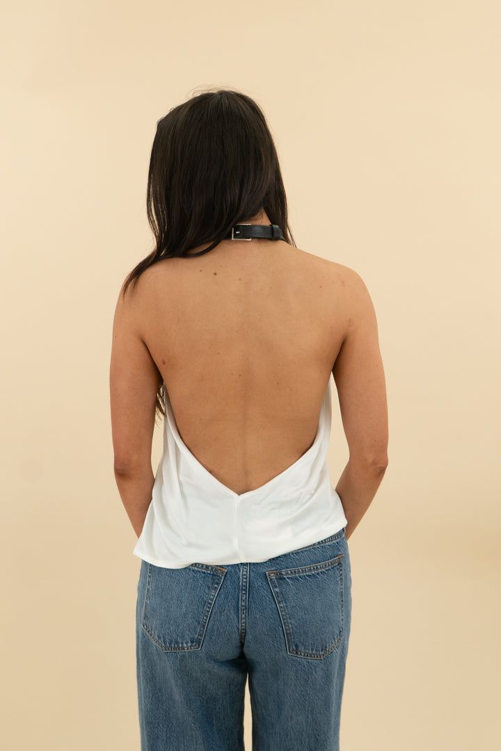 yigal azrouel white high neck buckle strap top (s/m; retail $545)